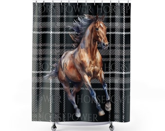 Horsepower Black Plaid Horse Shower Curtain