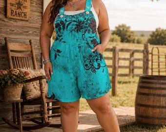 Country-chique romper grote maten, westernoutfit turkoois bloemen, jumpsuit boerderijstijl, zomeroutfit cowgirl, maten S–6XL