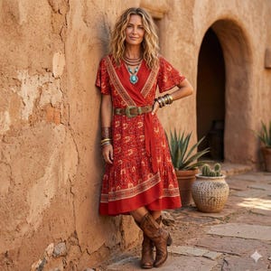 red dress with brown cowboy boots 70+ Best Dresses To Wear With Cowboy Boots