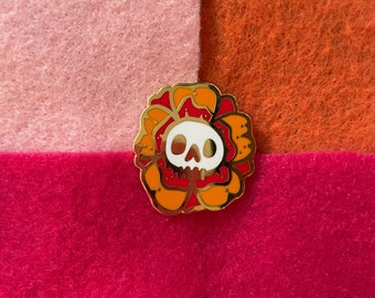 marigold skull hard enamel lapel pin | flower pin | spooky season pin | halloween pin | day of the dead | día de muertos | skull