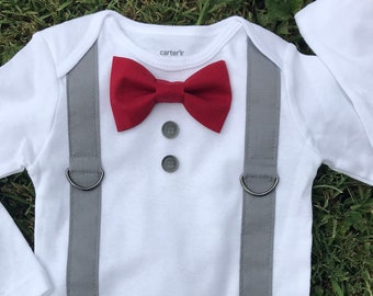 Crimson Red Bowtie, Gray Suspender Set, Tuxedo Bodysuit, Christmas Bodysuit By LynnLee BaBee