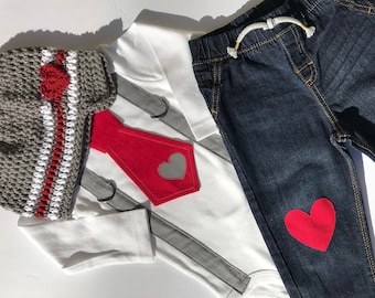 Red Appliqued Tie, Gray Suspenders, Crochet Hat Set, Baby Boy Valentine Outfit by Lynnlee BaBee