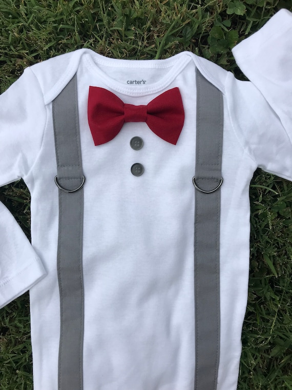 Crimson Red Bowtie, Gray Suspender Set, Tuxedo Bodysuit, Christmas