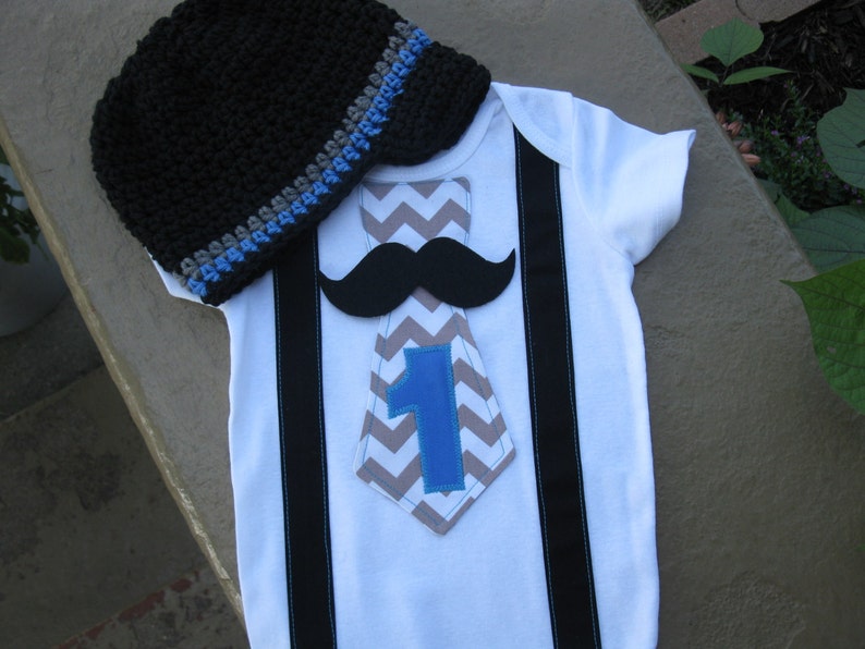 Crochet Hat Combo Gray Chevron Tie Bodysuit Little Man Mustache Shirt Appliqued Number One by Nonneys Creations Little man Mustache