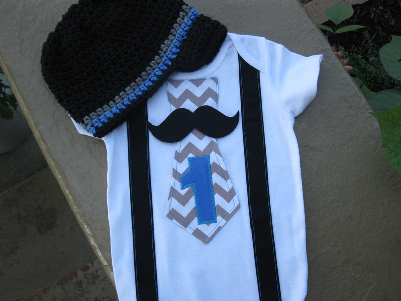 Crochet Hat Combo Gray Chevron Tie Bodysuit Little Man Mustache Shirt Appliqued Number One by Nonneys Creations Little man Mustache