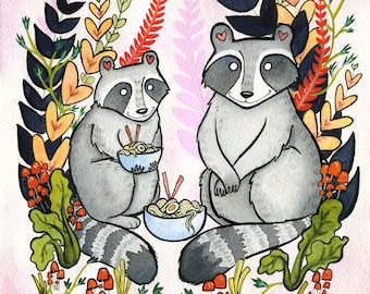 Raccoons eating Ramen Noodles - Ramen art - Raccoon Art - Raccoon  Watercolor - 8x10