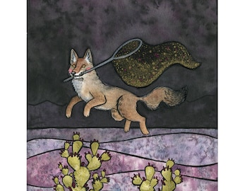 Coyote Star Thief  - coyote art - desert art - cactus art - mythology art - Giclee Print  - 8x10