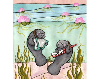 Manatee Jam Band - Manatee Art-  Manatee illustration - Manatee Painting - Watercolor