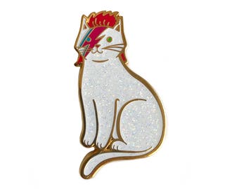 Bowie Cat Enamel Pin - Bowie Cat Pin -Glitter Cat Pin - Aladdin Sane -  Kitty Stardust