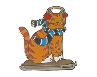 Sled Cat Enamel Pin - sled cat enamel pin - holiday pin - cat pin - winter cat pin