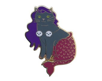 Halloween Mermaid Cat Enamel Pin - Grey with Skulls