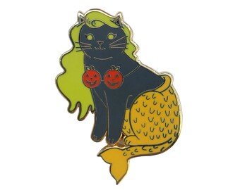 Halloween Mermaid Cat Enamel Pin - Dark Grey with Pumpkins