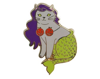 Halloween Mermaid Cat Enamel Pin - Light Grey with Pumpkins