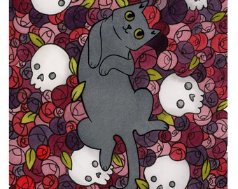Black Cat with Skulls and Roses Art 8 x 10 Print Cat Art Print Crazy Cat Lady Wall Art Watercolor Painting