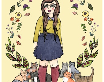 Cat Queen Illustration - Girl and Cats Art - Giclee Print - Girl and Cats Watercolor - 8x10