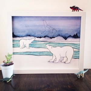 Polar Bear Art - Polar Bears and Constellations Art Print - from original watercolor painting 5x7