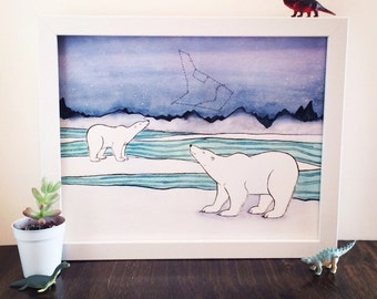 Polar Bear Art - Polar Bears and Constellations Art Print - from original watercolor painting 5x7