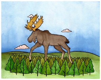 Stand Tall Moose - Moose Art Moose Painting - Woodland Animal Art- Giclee Print 8x10 Print from original Watercolor Painting