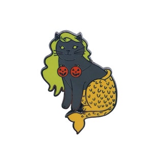 Halloween Mermaid Cat Enamel Pin Dark Grey with Pumpkins image 2