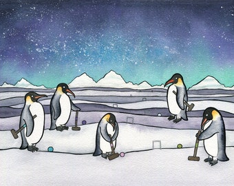 Penguin Croquet  - Emperor Penguin Art - Giclee Print - Penguin Watercolor - 8x10