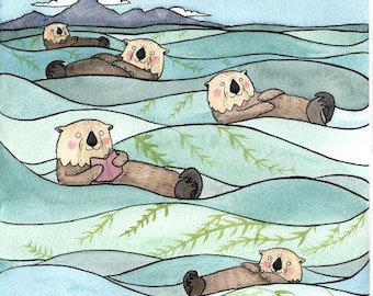 Sea Otters Reading a Book - Sea Otter Art -  Book Art - Giclee Print - Sea Otter Watercolor - 8x10