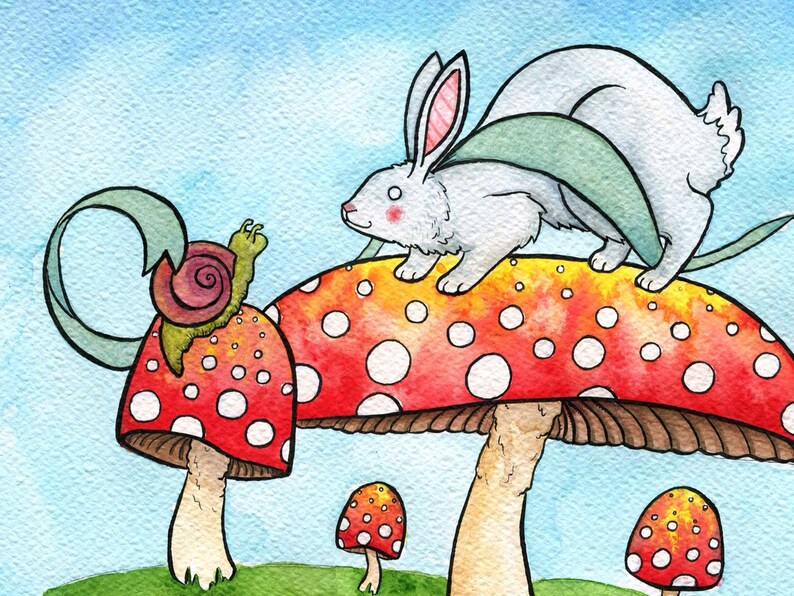 Bunny and Snail on Mushrooms Nursery Art Print Bunny Art Etsy