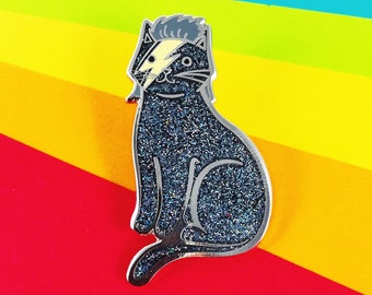 Bowie Cat Enamel Pin - Black Rainbow Glitter  Bowie Cat Pin -Glitter Cat Pin - Kitty Stardust