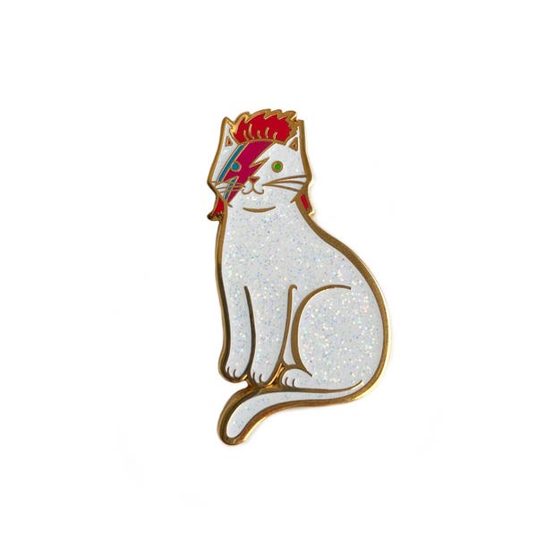 Bowie Cat Enamel Pin -  cat pin - kitty stardust - sparkle cat lapel pin hat pin Gold and Bright Silver Glitter