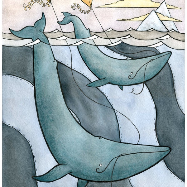 Blue Whales Flying Kites - Blue Whale Art - Nursery Art -Giclee Print - Whale Watercolor - 11x14- large print