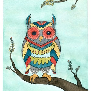 Owl Art Print - Bright Owl - Giclee Print - Watercolor - 8x10