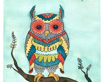 Owl Art Print - Bright Owl - Giclee Print - Watercolor - 8x10