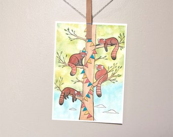 Red Pandas Hanging Banner for a Party - Red Panda Art - Giclee Print - Small Art - Watercolor - 5x7