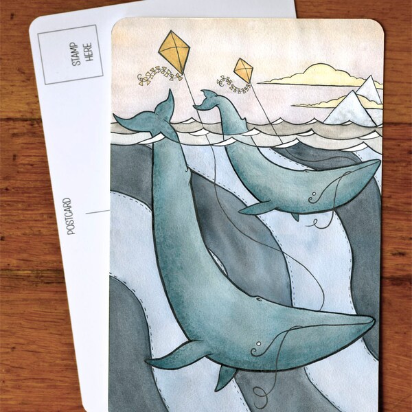 Blue Whales Flying Kites Art Postcard - Blue Whale Postcard Art - Blue Whales Greeting Card - from original watercolor painting