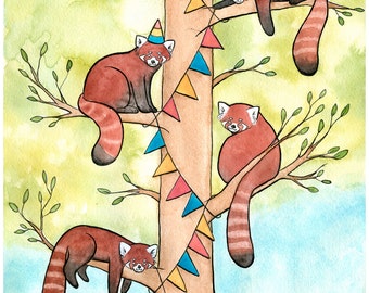 Red Pandas Hanging Banner for a Party-Red Panda Art -Red Panda Party Art Bunting Art- Nursery Art Painting Giclee Print - Watercolor - 11x14