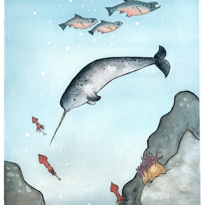 Narwhal Nursery Art Print - Giclee -Narwhal Swimming in the Deep Sea - Childrens Book Watercolor Illustration 8x10