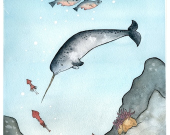Narval pépinière Art Print - jet d'encre - narval nage dans la mer profonde - Illustration de livre pour enfants aquarelle 8 x 10
