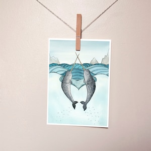 Cute Narwhals Small Art Print - from original watercolor painting 5x7