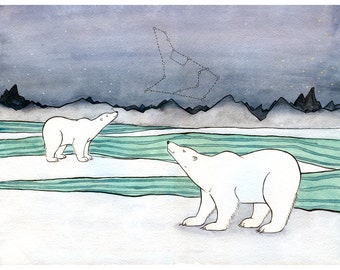 Polar Bears Looking Up at Constellations Holiday Art Print - Polar Bear Art -Giclee Print - From Original Watercolor Painting - 8x10