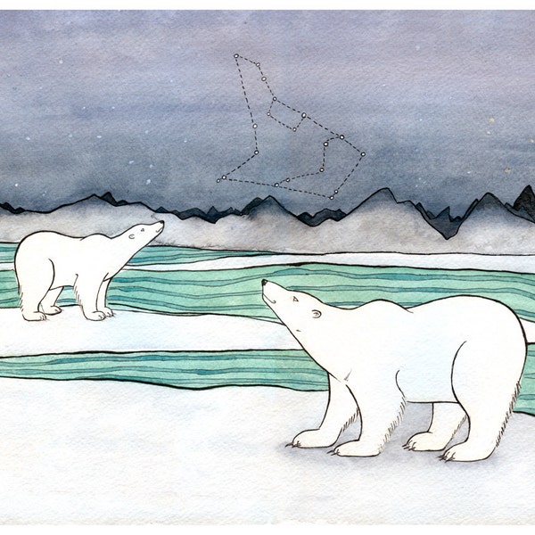 Polar Bears Looking Up at Constellations Holiday Art Print - Polar Bear Art -Giclee Print - From Original Watercolor Painting - 8x10