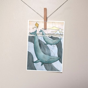 Blue Whales Flying Kites - Blue Whale Art - Giclee Print - Whale Watercolor - 5x7 - Small Art Print