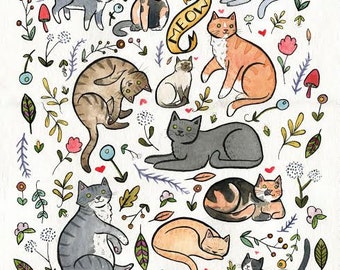 Cats and Plants Art 8 x 10 Print Cat Art Print Crazy Cat Lady Wall Art Watercolor Painting