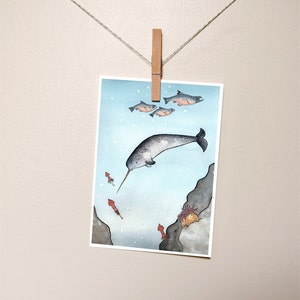 Narwhal and Fish Nursery Art - narwhal art print - from original watercolor painting 5x7