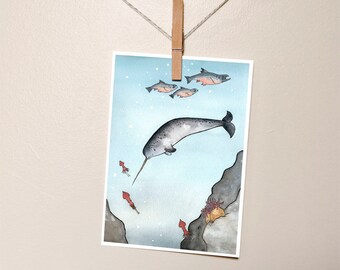 Narwhal and Fish Nursery Art - narwhal art print - from original watercolor painting 5x7