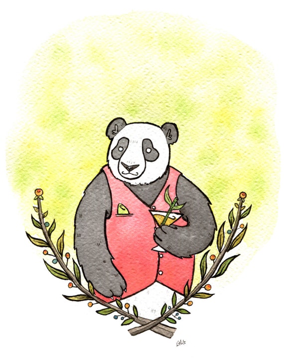 Panda Bear and Martini- Bear Art Martini Art Panda Bear Art Drinking Bear- Giclee Print - 8x10 -  Print from original Watercolor Painting