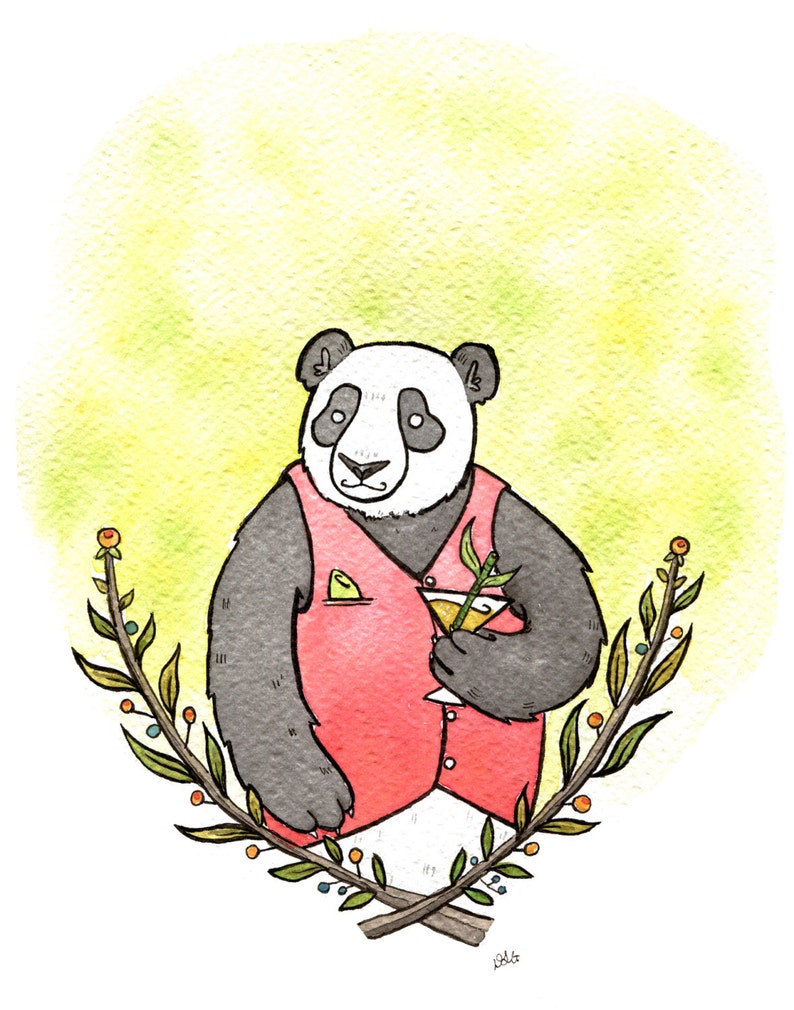 May include: A black and white panda wearing a red vest and holding a martini glass with a green olive. The panda is surrounded by green branches with small yellow flowers.
