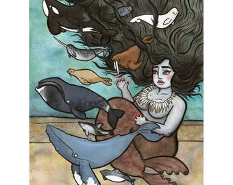 Sedna - Babe  Art -Mythology Art - Whale art -  Watercolor - 8x10