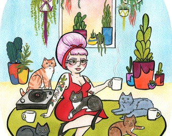 Cats and Coffee Girl - 8 x 10 Coffee Art Print Cat Art Print Crazy Cat Lady Wall Art Watercolor Painting