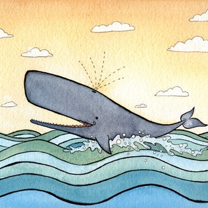 Happy Whale Nursery Art - whale art print- Giclee Print - 8x10 -  Print from original Watercolor Painting