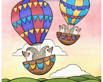 Hedgehogs in Hot Air Balloons - Hedgehog  Art - Hot Air Balloon Art - Hedgehog Watercolor - 8x10