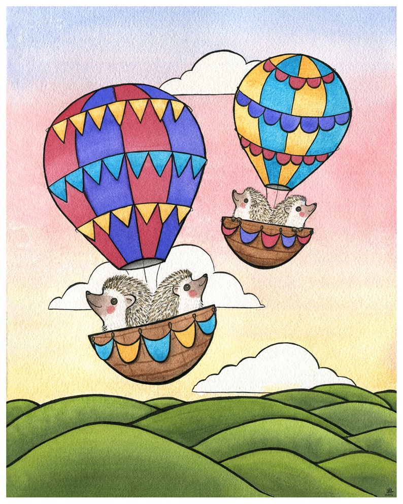 Hedgehogs in Hot Air Balloons Hedgehog Art Hot Air Balloon Art Hedgehog Watercolor 8x10 image 1